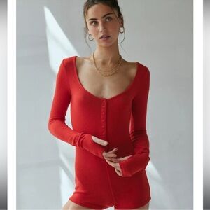 Urban Outfitters Red Long Sleeve Button-Up Romper